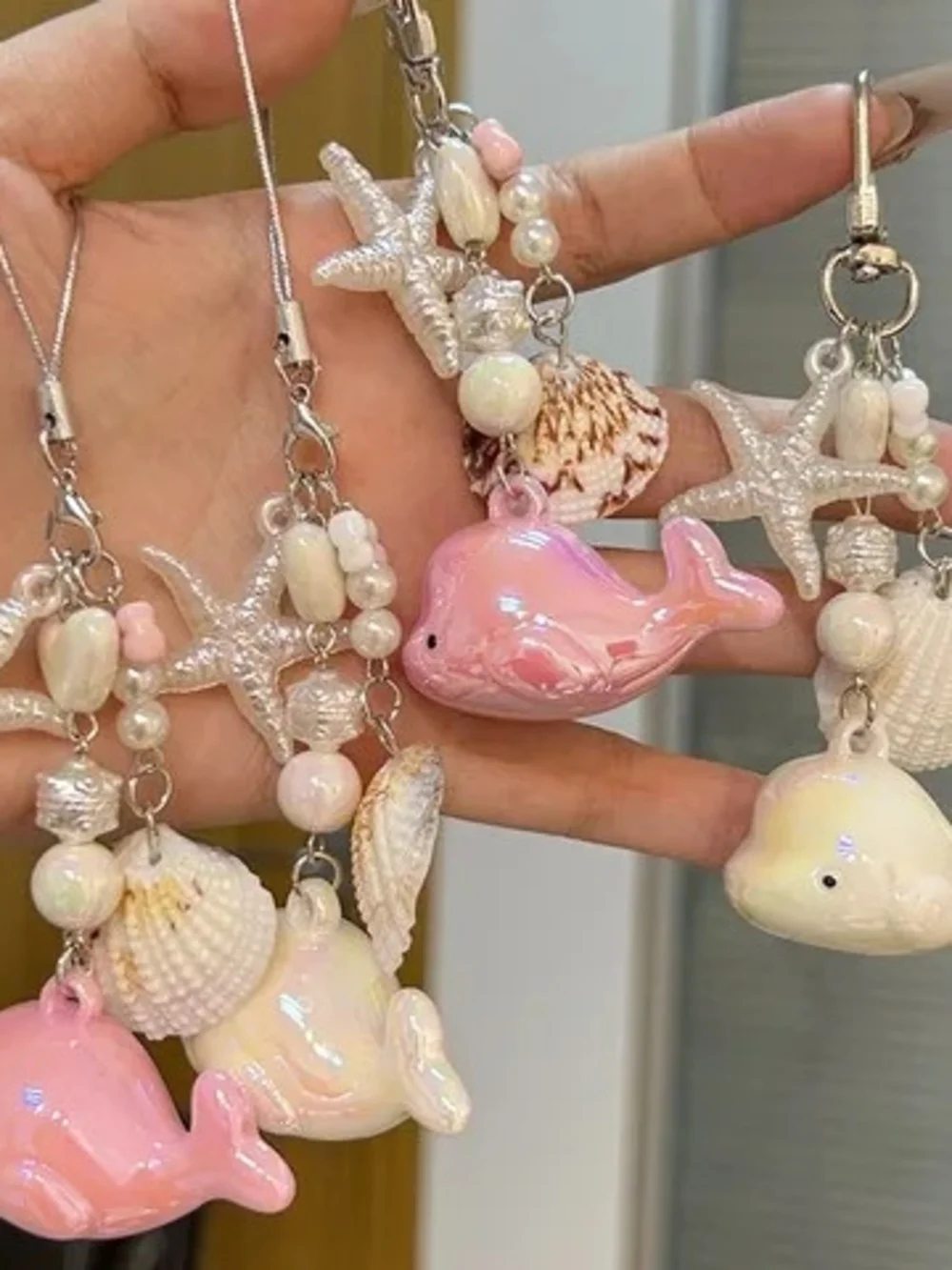 Pink Whale and Shell Charm Keychain Necklace - Women Jewelry